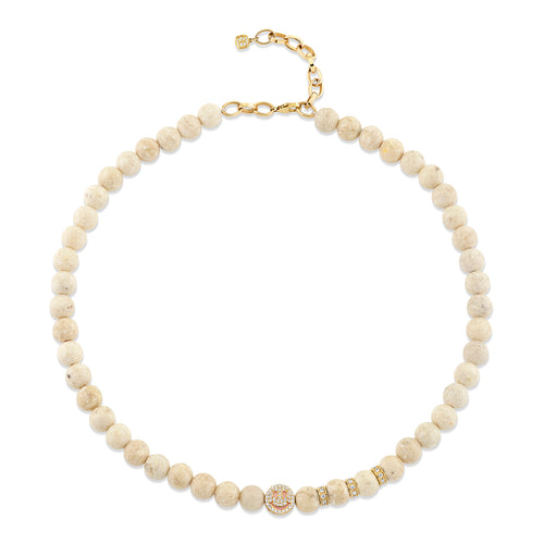 Gold & Diamond Happy Face Bead on White Coral Necklace