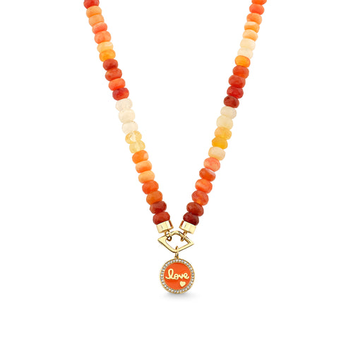 Gold & Diamond Love Script Tableau Medallion with Pave Border on Fire Opal Beaded Necklace