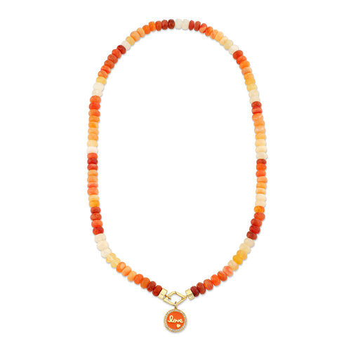 Gold & Diamond Love Script Tableau Medallion with Pave Border on Fire Opal Beaded Necklace
