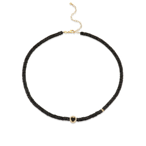 Gold & Diamond Pave Heart Bead and Rondelle Black Spinel Beaded Necklace