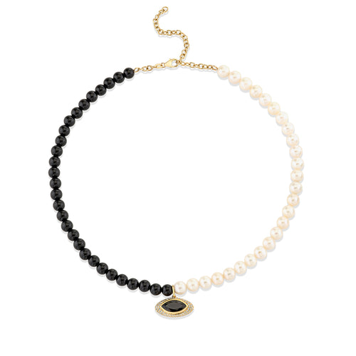 Gold & Diamond Pave Marquise Eye Pendant on Split Bead Necklace