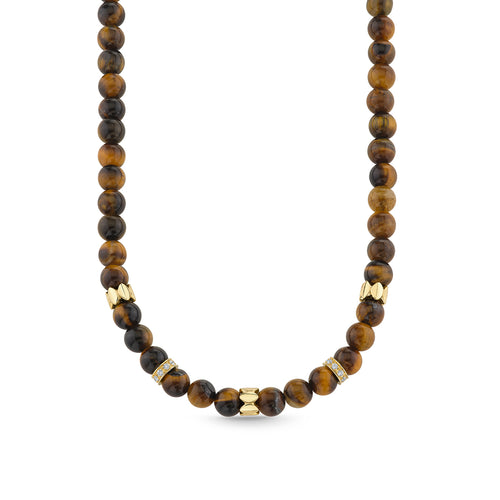 Gold & Diamond Multi Rondelle on Tiger's Eye Beaded Necklace