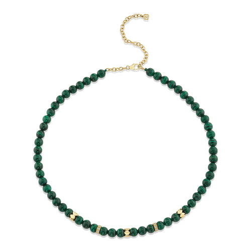Gold & Diamond Multi Rondelle on Malachite Beaded Necklace