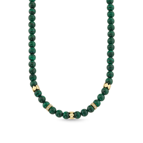 Gold & Diamond Multi Rondelle on Malachite Beaded Necklace