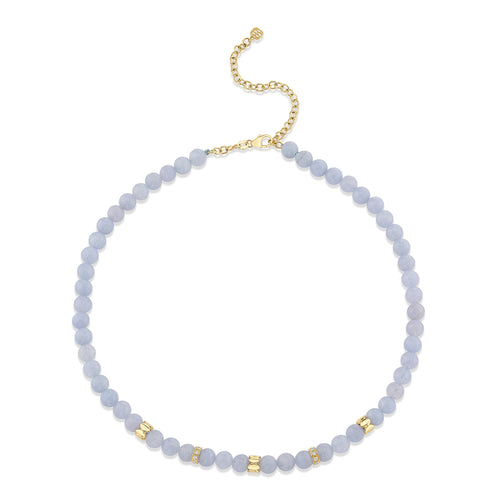 Gold & Diamond Multi Rondelle on Aquamarine Beaded Necklace
