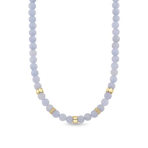 Gold & Diamond Multi Rondelle on Aquamarine Beaded Necklace