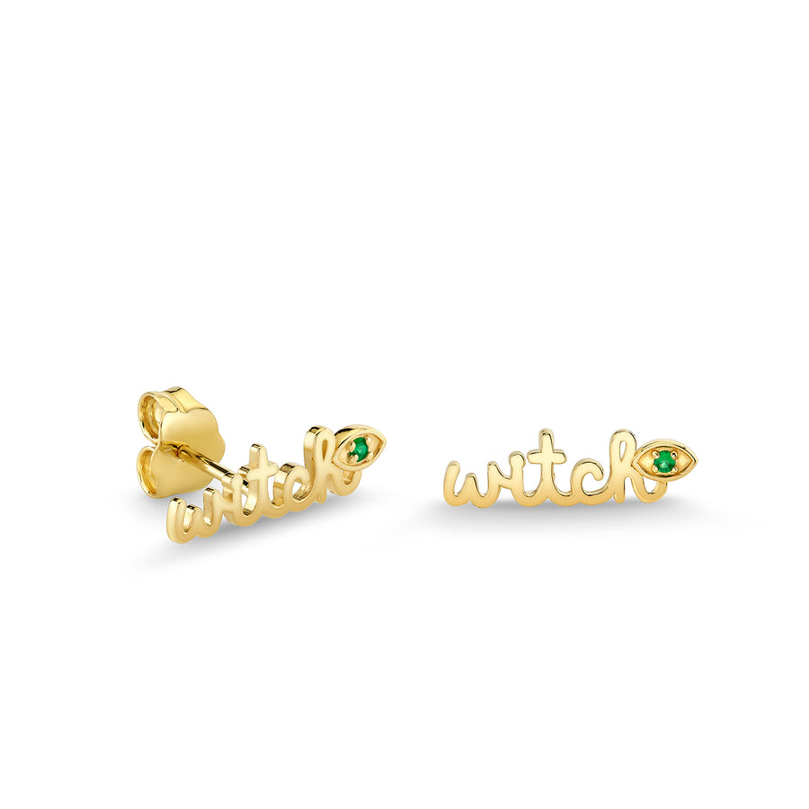 Gold & Emerald Wicked Witch Script Stud - Sydney Evan Fine Jewelry