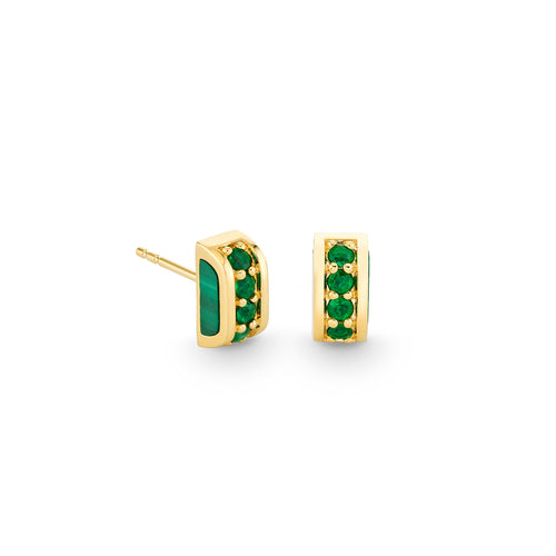 Gold & Emerald Malachite Stone Inlay Pave Stud