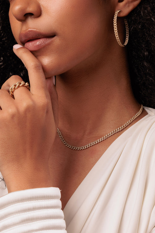 Gold & Pave Diamond Link Large Hoops