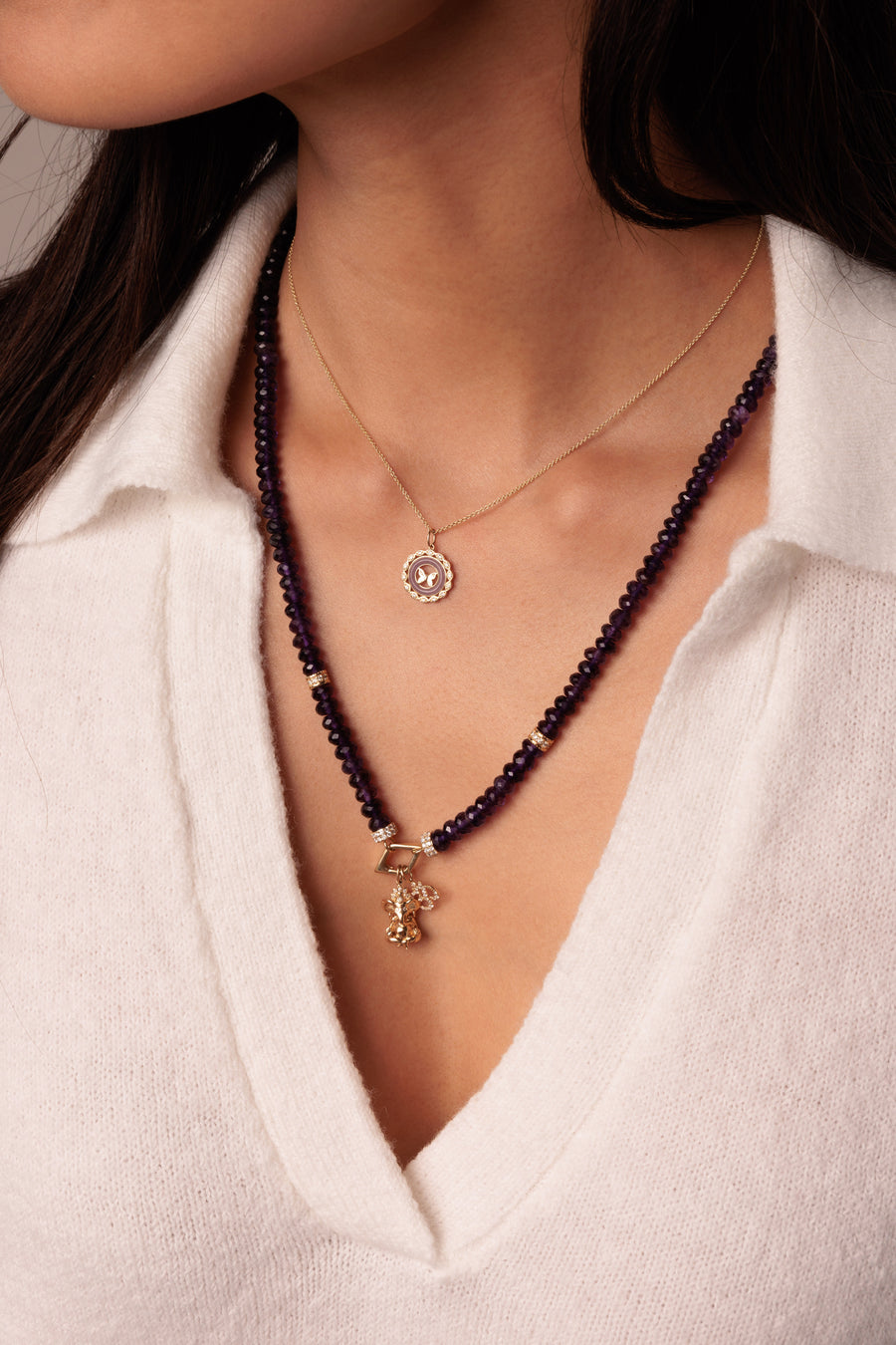Gold & Diamond Ganesha & Om Amethyst Beaded Necklace - Sydney Evan Fine Jewelry