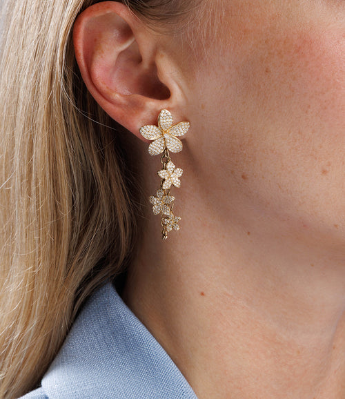 Gold & Diamond Plumeria Charm Drop Earrings