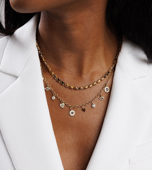 Gold & Diamond Coco and Cream Enamel Multi Charm Necklace