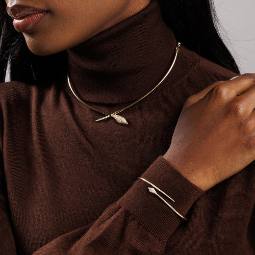 Gold & Diamond Snake Head Marquis Bangle