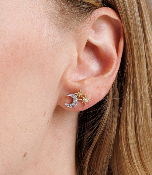 Gold & Diamond Moon and Starburst Stud