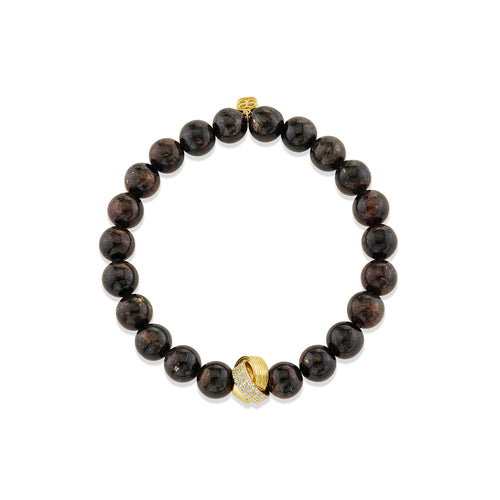 Gold & Diamond Tri Linked Ring Rondelle on Hypersthene Smooth Round