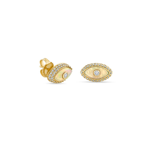Gold & Opal Medium Carved Stone Pave Earrings