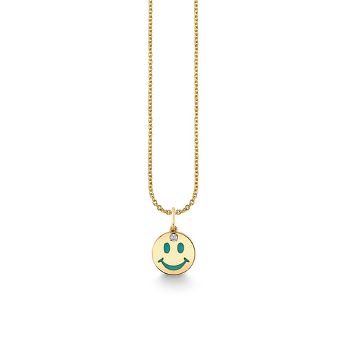 Gold & Diamond Turquoise Happy Face Stone Inlay Icon Charm