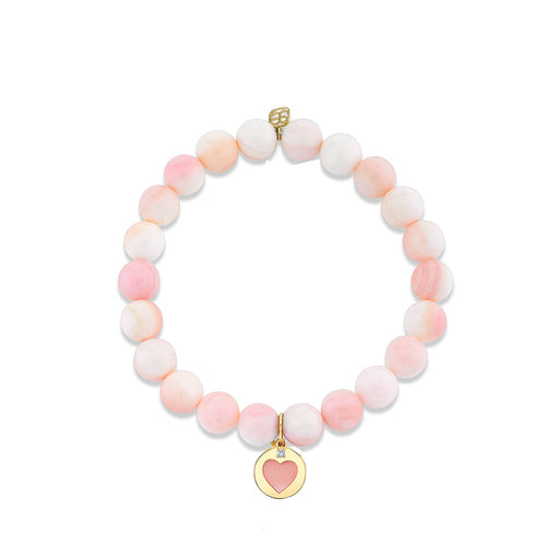 Gold & Diamond Mother of Pearl Stone Inlay Icon Heart on Pink Conch Shell