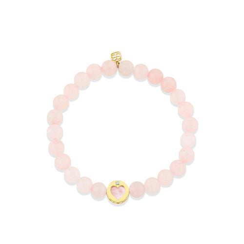 Gold & Diamond Mother of Pearl Stone Inlay Icon Bead Heart on Rose Quartz