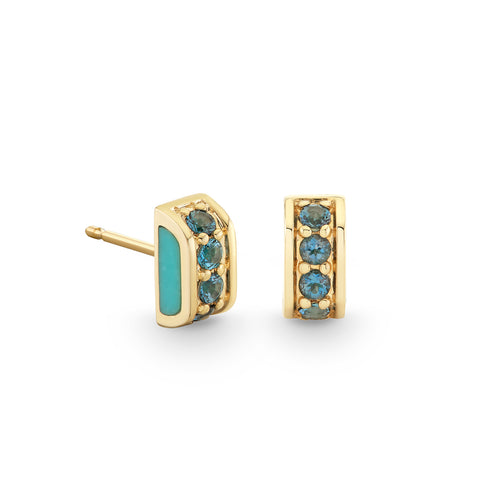Gold & Blue Topaz Turquoise Stone Inlay Pave Stud