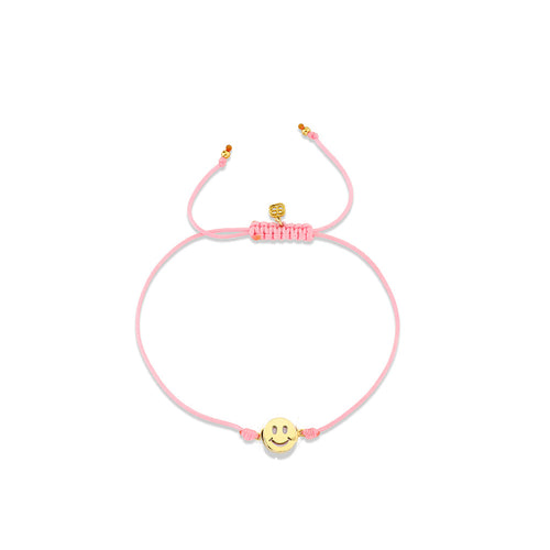 Gold & Mother of Pearl Inlay Icon Happy Face Bead Pink Cord Bracelet
