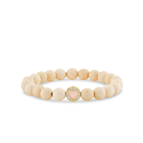 Gold & Diamond Mother of Pearl Pave Stone Inlay Heart Icon Bead on Cream Jasper