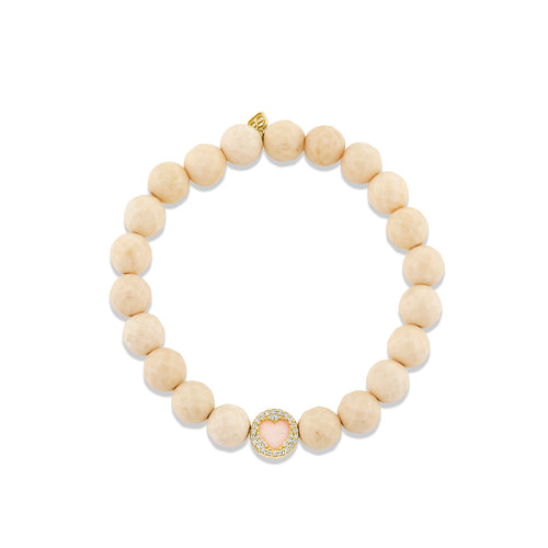 Gold & Diamond Mother of Pearl Pave Stone Inlay Heart Icon Bead on Cream Jasper