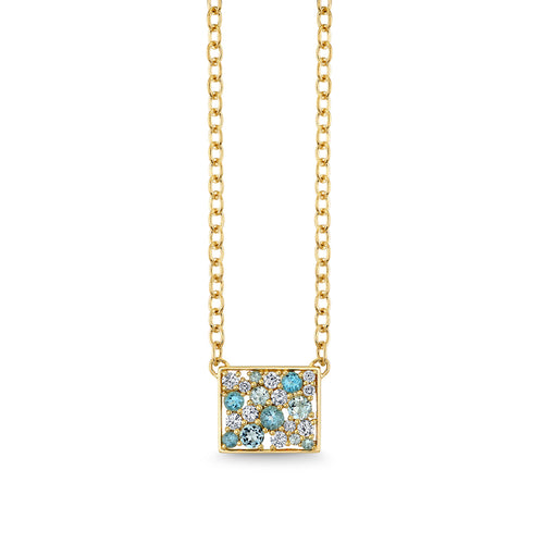 Gold & Diamond Aquamarine Rectangular Frame Cocktail Fixed Necklace