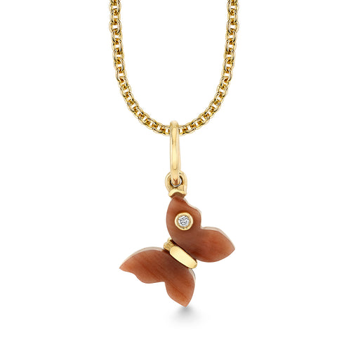 Gold & Diamond Carved Petrified Wood Butterfly Charm