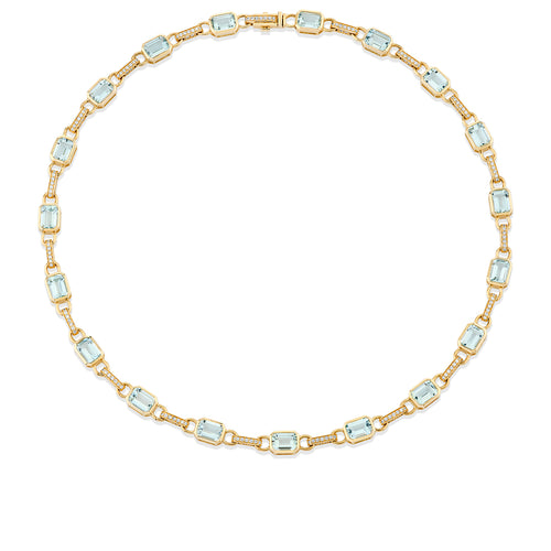 Gold & Diamond Aquamarine Emerald Cut Rectangle Link Necklace