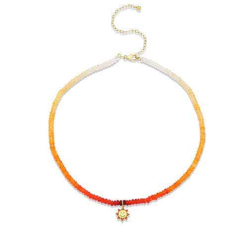 Gold & Sapphire Small Happy Face Sun on Fire Opal Choker Necklace