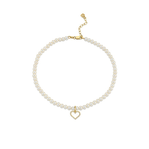 Gold & Diamond Open Heart Fresh Water Pearl Anklet