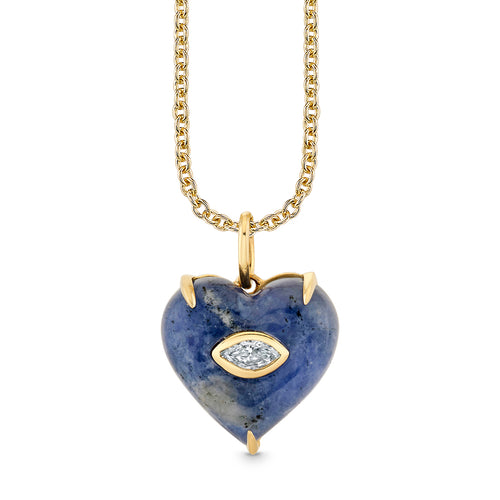 Gold & Diamond Sodalite Carved Stone Marquise Bezel Heart Charm
