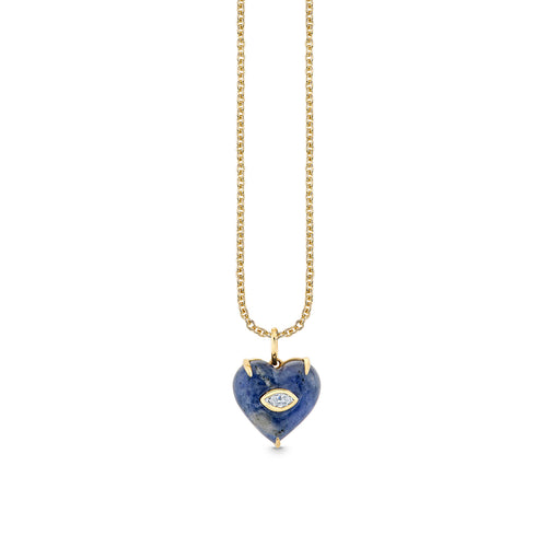 Gold & Diamond Sodalite Carved Stone Marquise Bezel Heart Charm