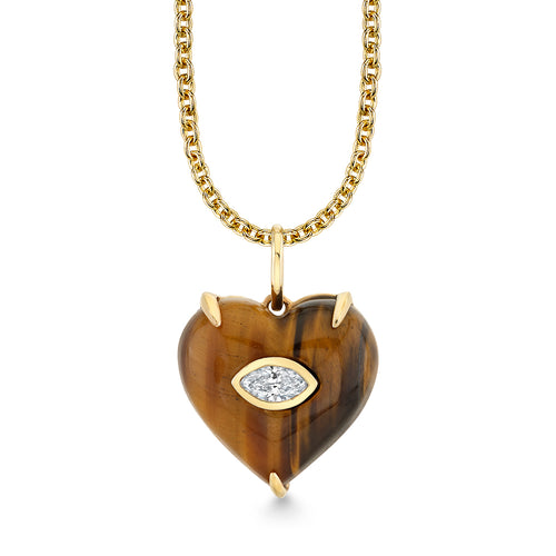Gold & Diamond Carved Tiger Eye Marquise Bezel Heart Charm