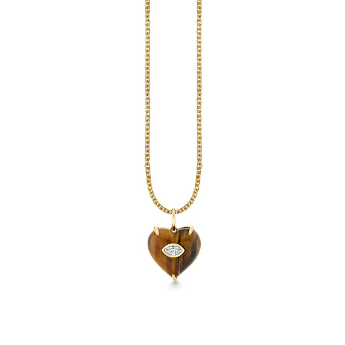 Gold & Diamond Carved Tiger Eye Marquise Bezel Heart Charm