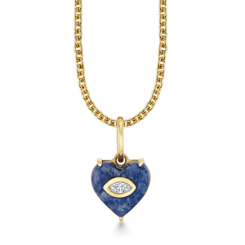 Gold & Diamond Sodalite Small Carved Stone Marquise Bezel Heart Charm