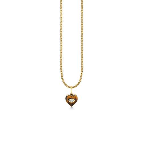 Gold & Diamond Small Carved Tiger Eye Marquise Bezel Heart Charm