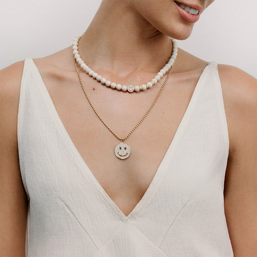 Gold & Diamond Happy Face Bead on White Coral Necklace
