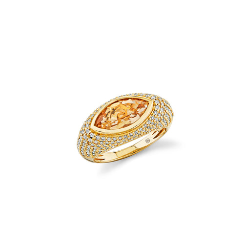 Gold & Diamond Light Champagne Quartz Faceted Marquise Eye Pave Ring