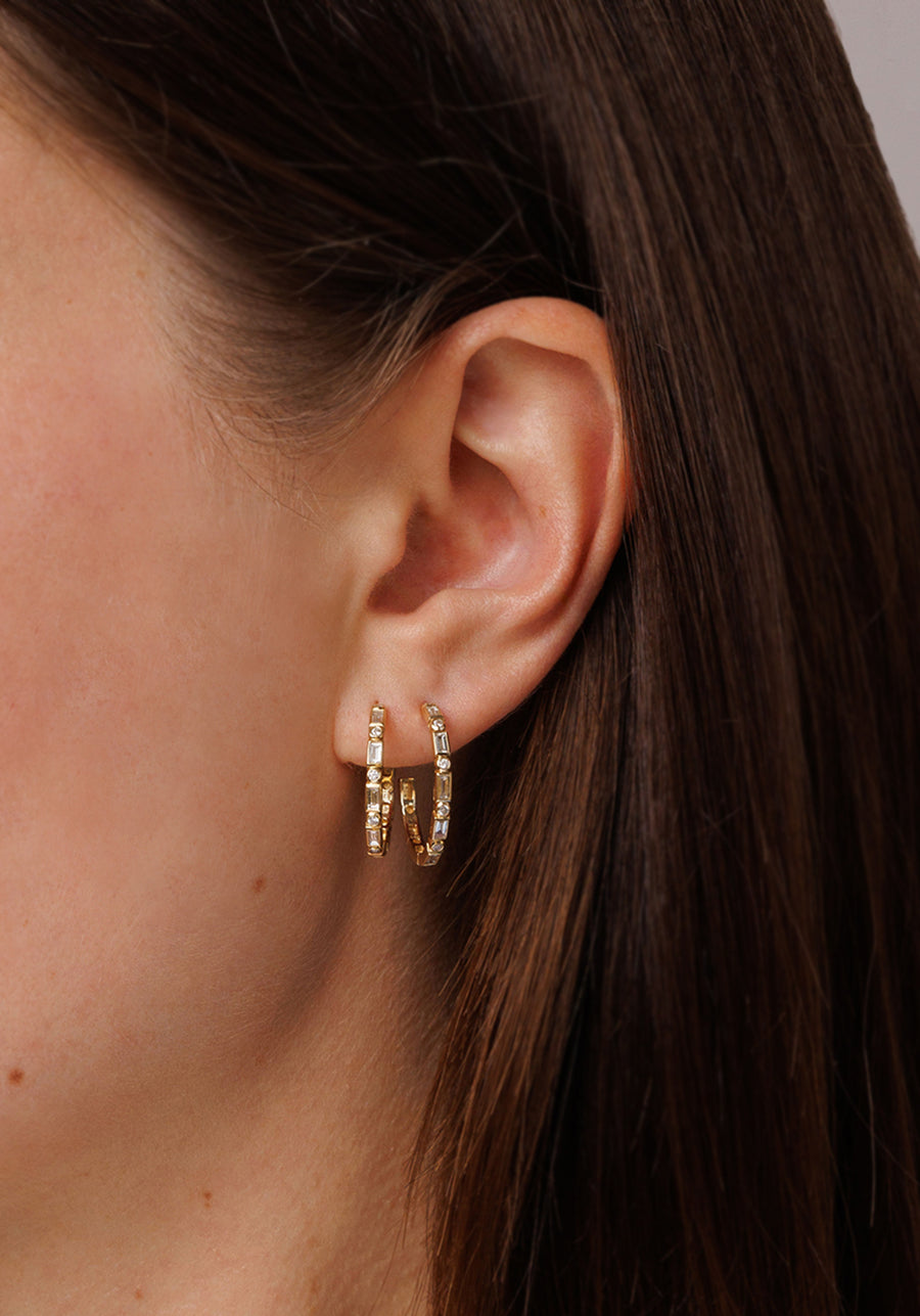 Gold & Diamond Baguette and Round Bezel Medium Hoops - Sydney Evan Fine Jewelry
