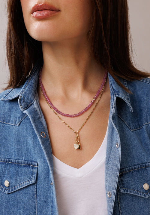 Gold & Diamond Pink Sapphire Faceted Rondelle Beaded Necklace