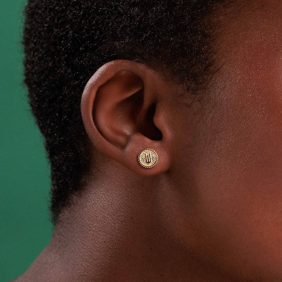 Gold & Emerald Wicked Logo Tiny Coin Stud - Sydney Evan Fine Jewelry