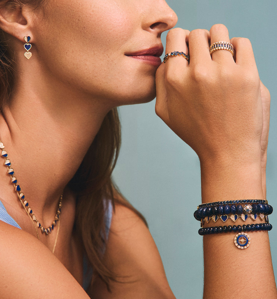 Gold, Diamond & Lapis Three Hearts Stone Inlay Linear Earring - Sydney Evan Fine Jewelry