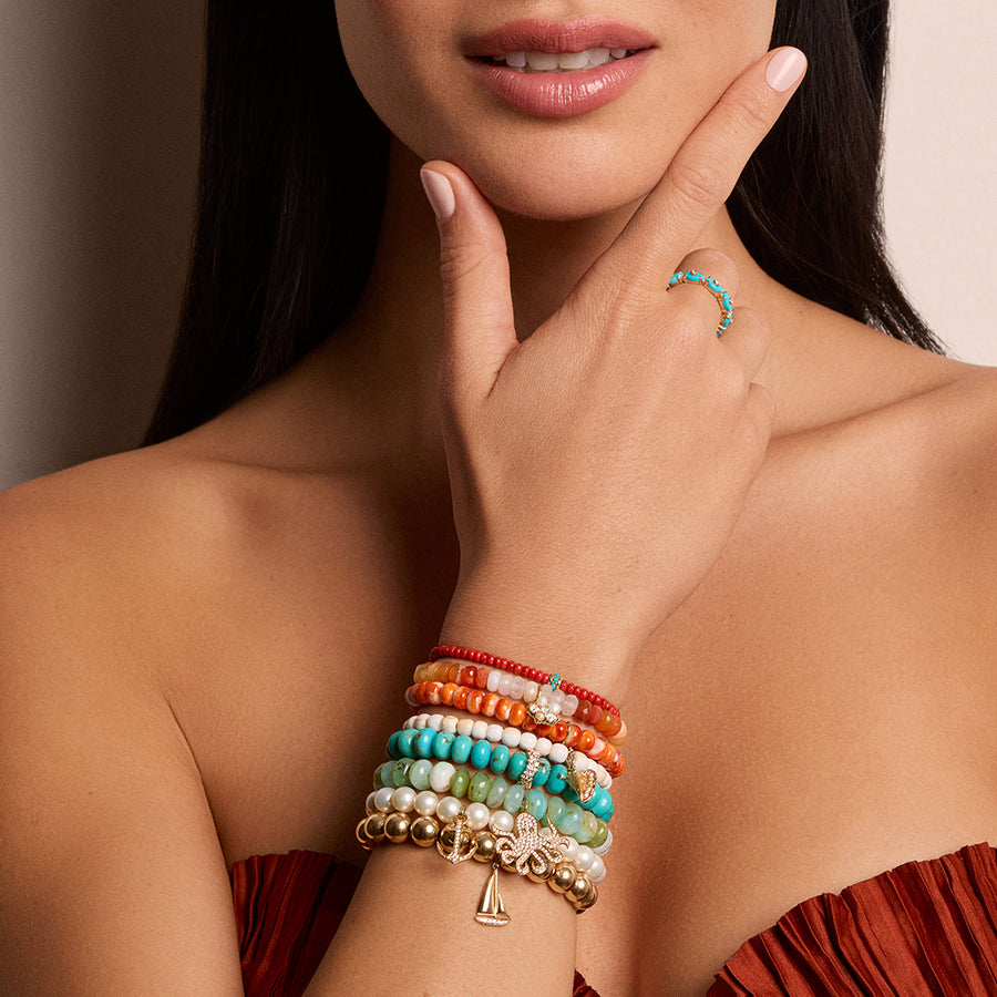 Gold & Turquoise Scallop Rondelle on Red Bamboo Coral - Sydney Evan Fine Jewelry