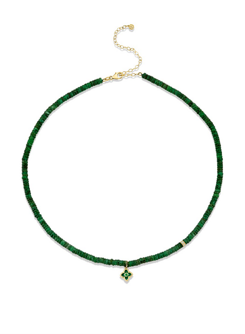 Gold & Diamond Emerald Moroccan Enamel Charm and Rondelle Green Aventurice Necklace