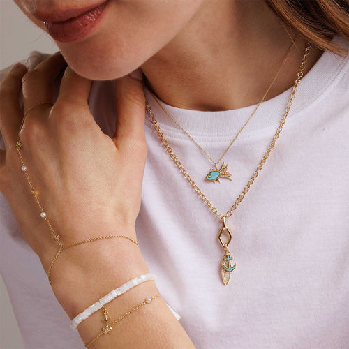 Gold & Diamond Surfboard and Anchor Charm Necklace
