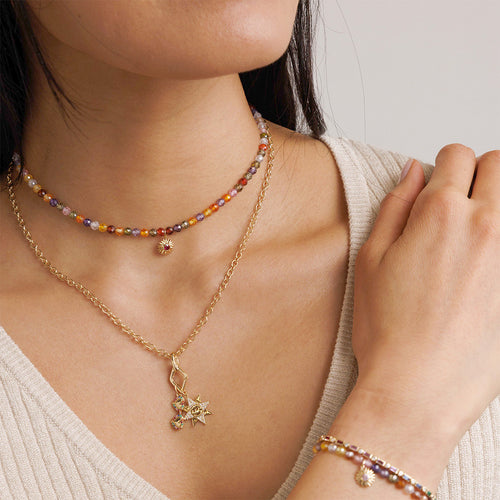 Gold & Ruby Solar Compass on Multi Color CZ Necklace