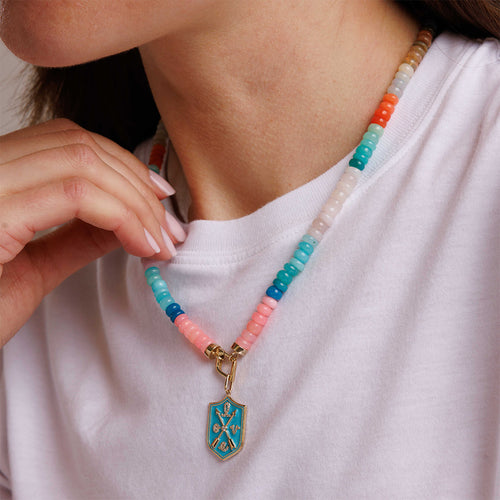 Gold & Diamond Love Crest Multi Charm Opal Necklace