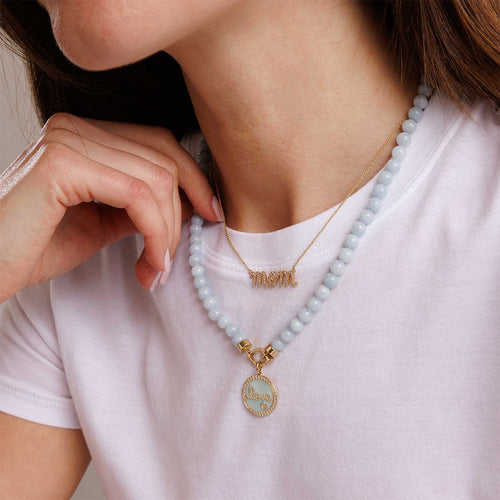 Gold & Diamond Love Script Tableau Medallion on Aquamarine Necklace